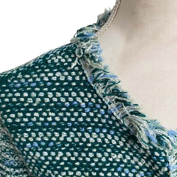 Chico’s Pacific Teal Structured Tweed Fringe Cardigan Jacket NWT Size 1 - Picture 5 of 16